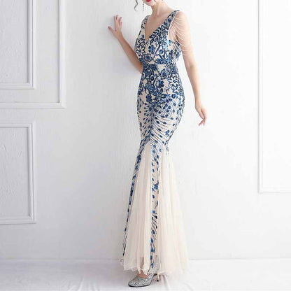Women's Pattern Sequin Short Sleeve Flapper Mermaid Evening Dress Prom