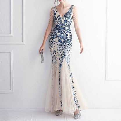 Women's Pattern Sequin Short Sleeve Flapper Mermaid Evening Dress Prom