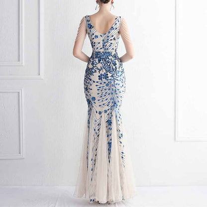 Women's Pattern Sequin Short Sleeve Flapper Mermaid Evening Dress Prom