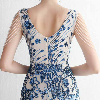 Women's Pattern Sequin Short Sleeve Flapper Mermaid Evening Dress Prom