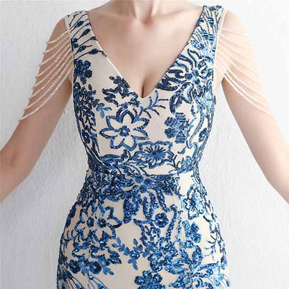 Women's Pattern Sequin Short Sleeve Flapper Mermaid Evening Dress Prom