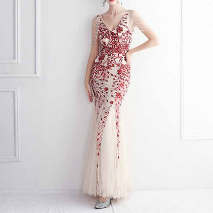 Women's Pattern Sequin Short Sleeve Flapper Mermaid Evening Dress Prom