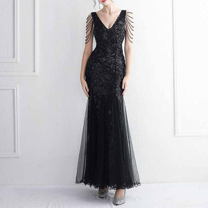 Women's Pattern Sequin Short Sleeve Flapper Mermaid Evening Dress Prom