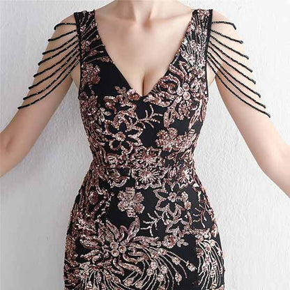 Women's Pattern Sequin Short Sleeve Flapper Mermaid Evening Dress Prom