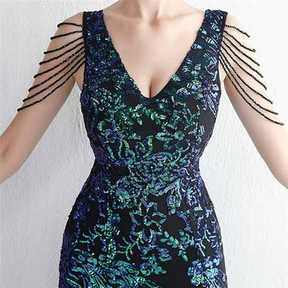 Women's Pattern Sequin Short Sleeve Flapper Mermaid Evening Dress Prom