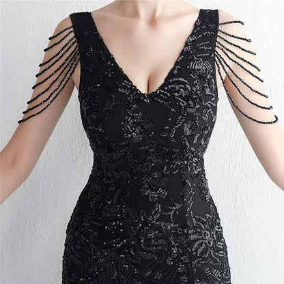 Women's Pattern Sequin Short Sleeve Flapper Mermaid Evening Dress Prom