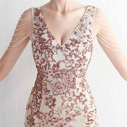 Women's Pattern Sequin Short Sleeve Flapper Mermaid Evening Dress Prom