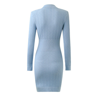 Women Button-up Knitted Minidress V Neck Mini ribbed-knit Dress