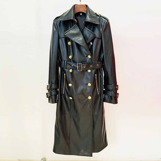 Women Black Trench Leather Coata Double Breast Outwear Coat With Belt