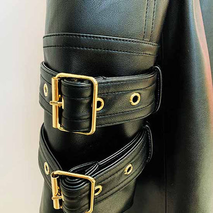 Women Black Trench Leather Coata Double Breast Outwear Coat With Belt