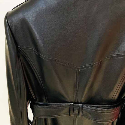 Women Black Trench Leather Coata Double Breast Outwear Coat With Belt