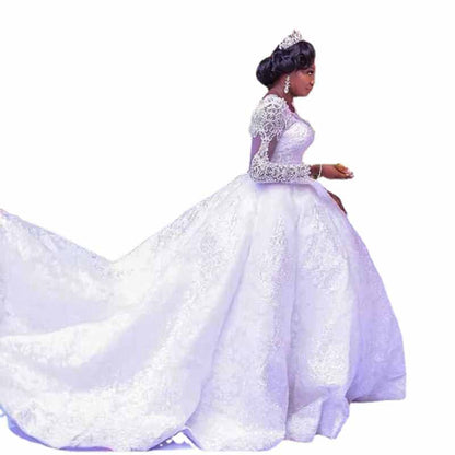 Ball Gown Lace High Neck Long Sleeves Chapel Train Wedding Dresses