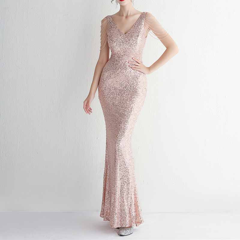 Women Sequin Bridesmaid Dress Sleeveless Maxi Evening Prom Dresses