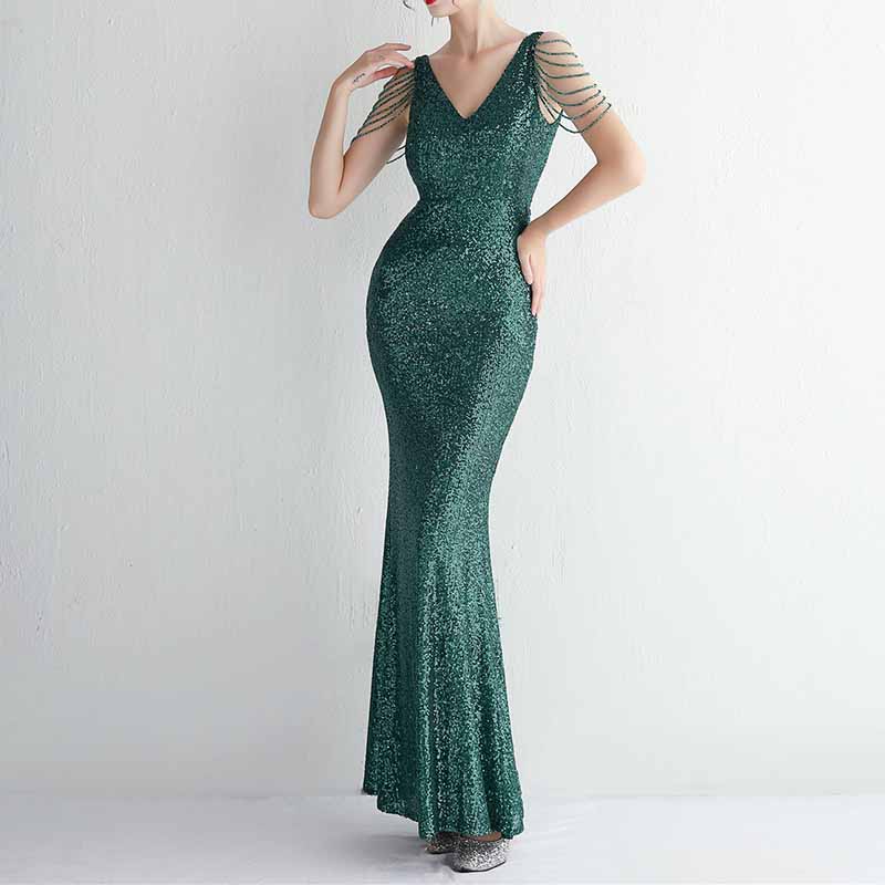 Women Sequin Bridesmaid Dress Sleeveless Maxi Evening Prom Dresses