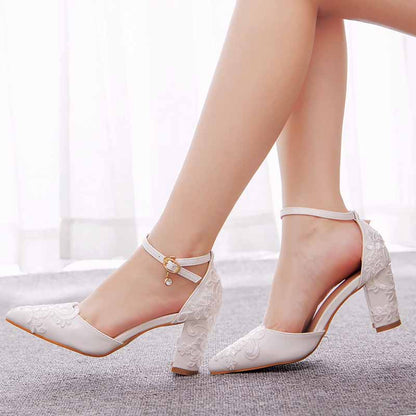Women's Low Block Heel Sandals Chunky Lace Wedding Dress Shoes