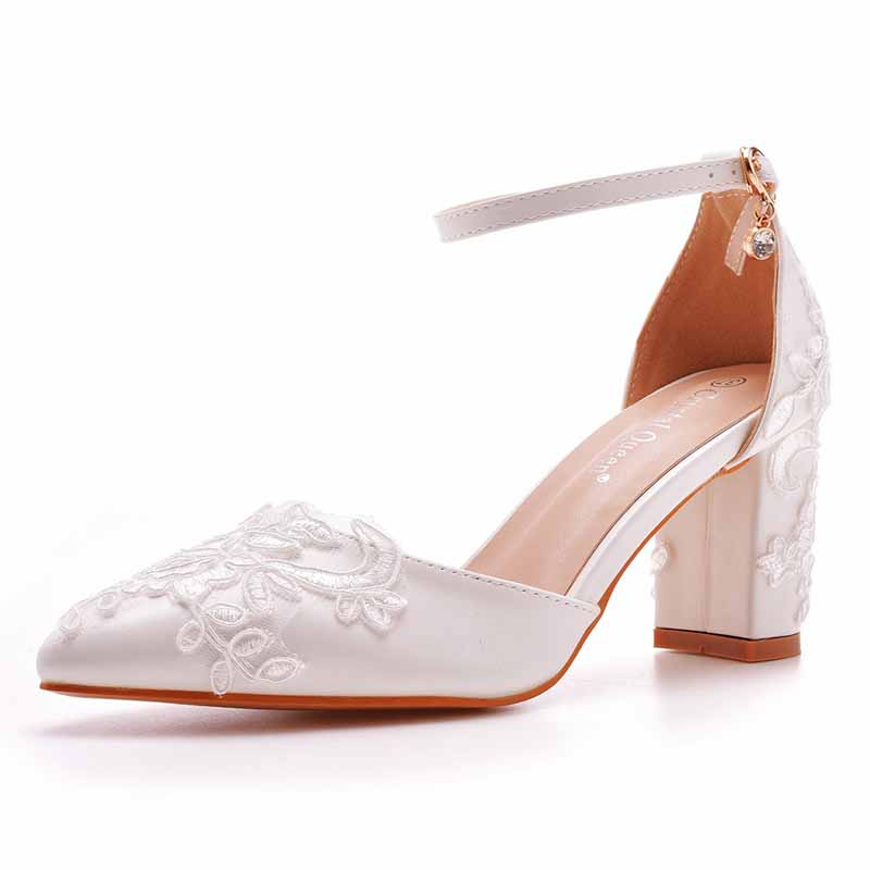 Women's Low Block Heel Sandals Chunky Lace Wedding Dress Shoes