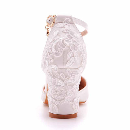 Women's Low Block Heel Sandals Chunky Lace Wedding Dress Shoes