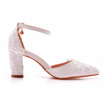 Women's Low Block Heel Sandals Chunky Lace Wedding Dress Shoes