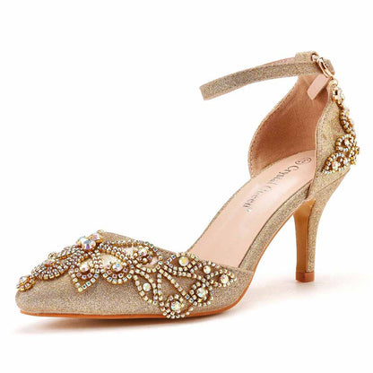 Pointed Toe Gold Rhinestone Glitter Low Heels Wedding Shoes