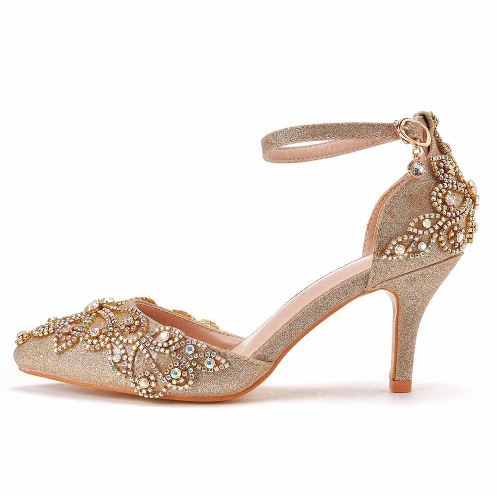 Pointed Toe Gold Rhinestone Glitter Low Heels Wedding Shoes