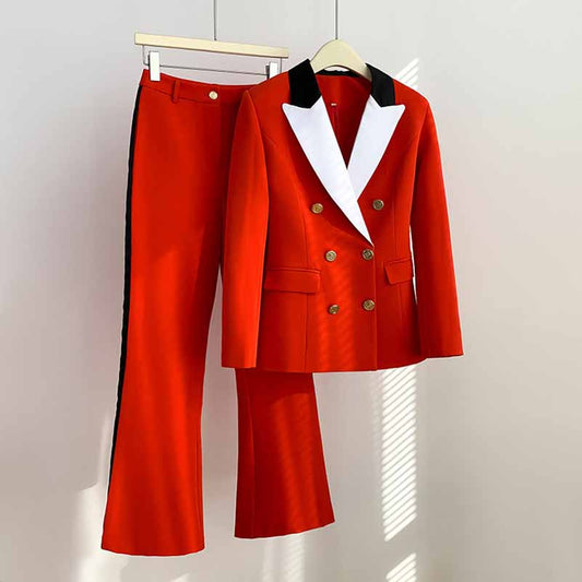 Women red wedding pantsuit white collar One-button Party pant suit
