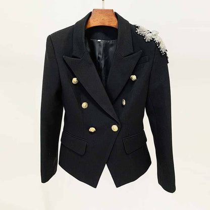 Women's Black Coat Double-Breasted Blazer Jacket With Beads