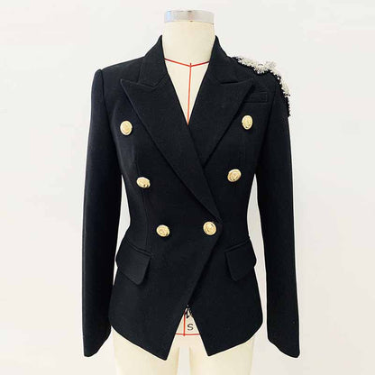 Women's Black Coat Double-Breasted Blazer Jacket With Beads