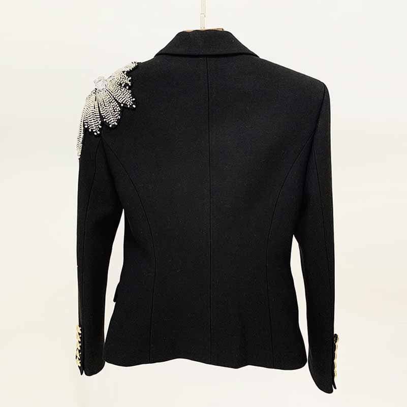 Women's Black Coat Double-Breasted Blazer Jacket With Beads