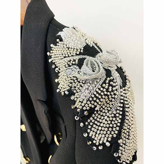 Women's Black Coat Double-Breasted Blazer Jacket With Beads