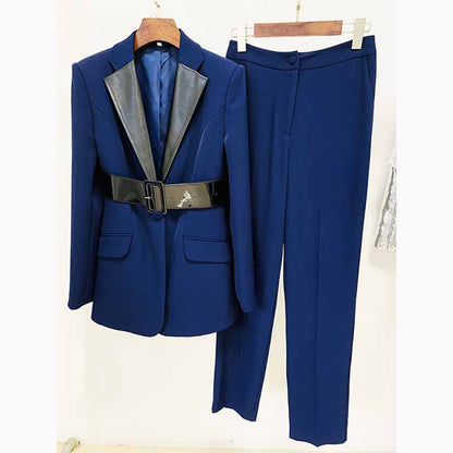 Women Dark Blue Pant Suits 2 Piece Fashion Suits with Belt Blazer Pant Formal Suits