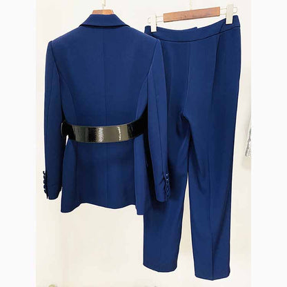 Women Dark Blue Pant Suits 2 Piece Fashion Suits with Belt Blazer Pant Formal Suits