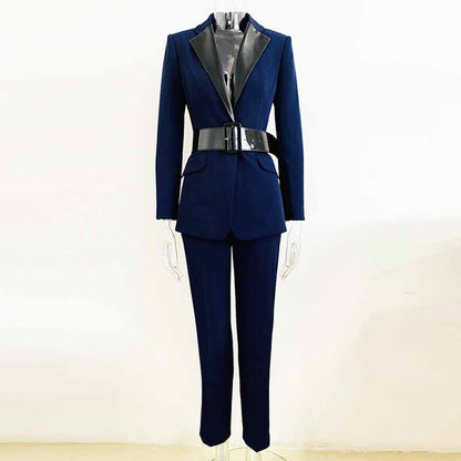 Women Dark Blue Pant Suits 2 Piece Fashion Suits with Belt Blazer Pant Formal Suits