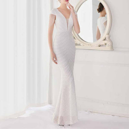 Women's V Neck Sequins Mermaid Gown Long Prom Evening Party Dress S-4XL