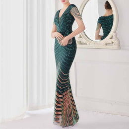 Meilun Women's V-Neck Sequins Mermaid Evening Gown - Long Prom Party Dress With Bead Draped Sleeves