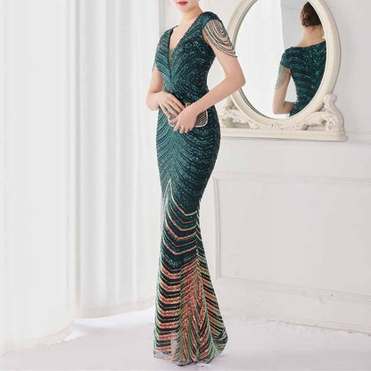 Women's V Neck Sequins Mermaid Gown Long Prom Evening Party Dress S-4XL