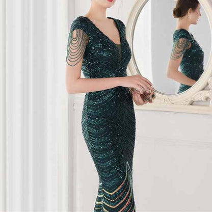 Women's V Neck Sequins Mermaid Gown Long Prom Evening Party Dress S-4XL