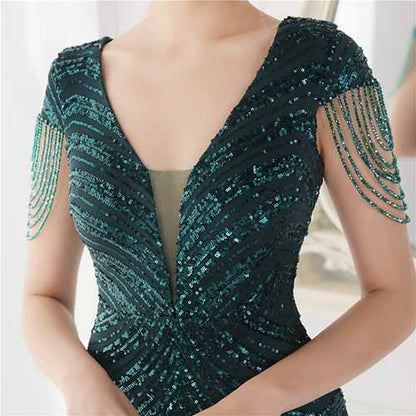 Women's V Neck Sequins Mermaid Gown Long Prom Evening Party Dress S-4XL