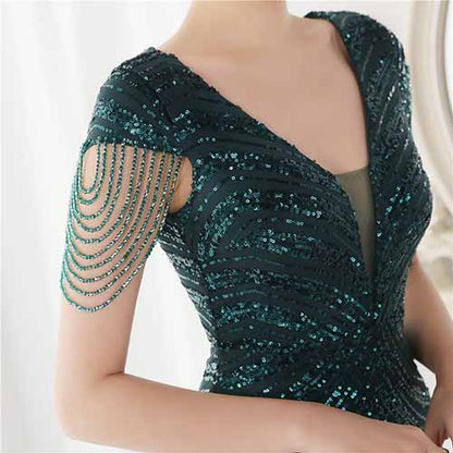 Women's V Neck Sequins Mermaid Gown Long Prom Evening Party Dress S-4XL