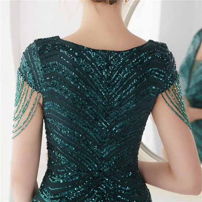 Women's V Neck Sequins Mermaid Gown Long Prom Evening Party Dress S-4XL