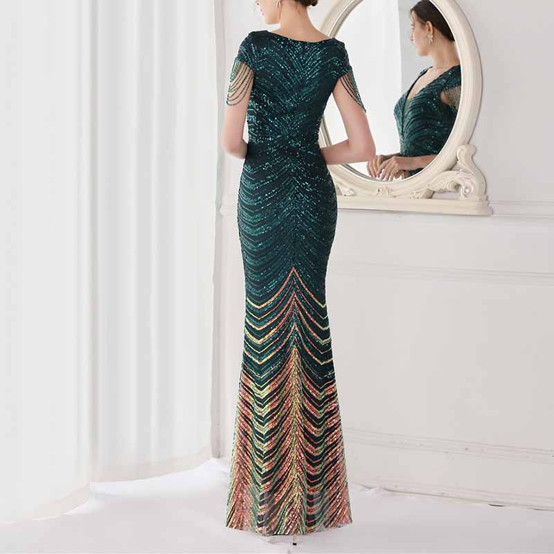 Women's V Neck Sequins Mermaid Gown Long Prom Evening Party Dress S-4XL