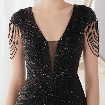 Women's V Neck Sequins Mermaid Gown Long Prom Evening Party Dress S-4XL