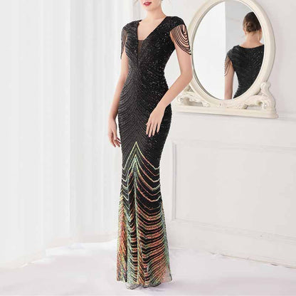 Women's V Neck Sequins Mermaid Gown Long Prom Evening Party Dress S-4XL
