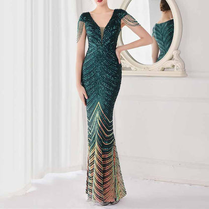 Women's V Neck Sequins Mermaid Gown Long Prom Evening Party Dress S-4XL