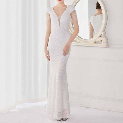 Women's V Neck Sequins Mermaid Gown Long Prom Evening Party Dress S-4XL