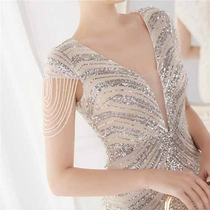 Women's V Neck Sequins Mermaid Gown Long Prom Evening Party Dress S-4XL