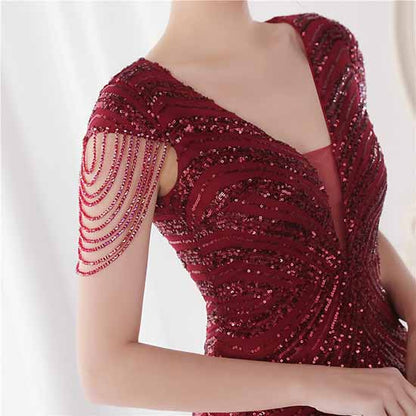 Women's V Neck Sequins Mermaid Gown Long Prom Evening Party Dress S-4XL