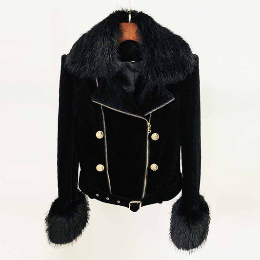Biker jacket with removable fur collar outer coat double zipper motorcycle jacket