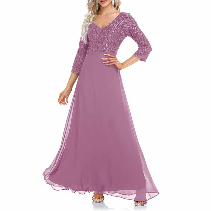 Elegant V-Neck Long Sleeve Sequin Stretch Evening Party Dress