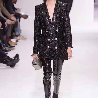Women Bling Bling Sequined Black Long Blazer