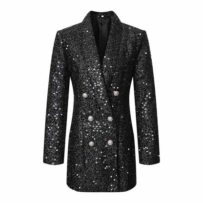 Women Bling Bling Sequined Black Long Blazer